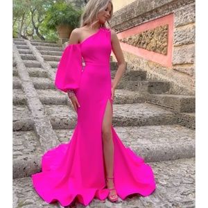Ava Presley 38352 Long Prom Jersey Dress One Shoulder Long Puff Sleeve Crystal D